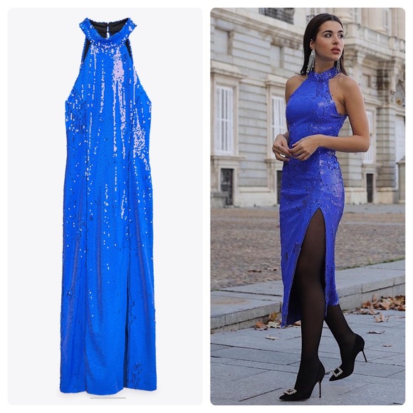 Bodycon Dress New Look Blue Glitter Dress ZARA WOMAN NWT FW21 HALTER NECK  BLUE FITTED SEQUIN